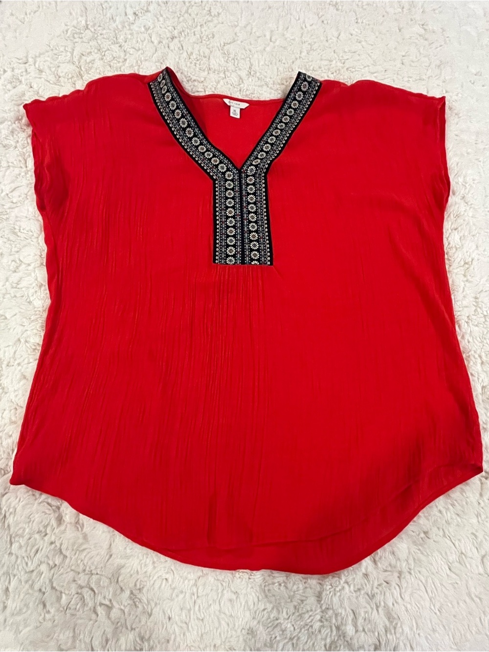 Women’s Red Embroidered V-Neck Tunic Top